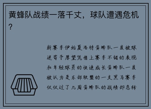 黄蜂队战绩一落千丈，球队遭遇危机？