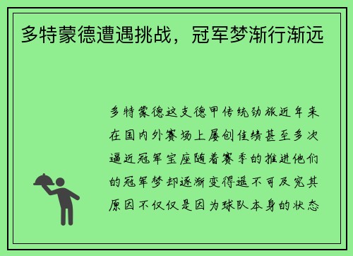 多特蒙德遭遇挑战，冠军梦渐行渐远